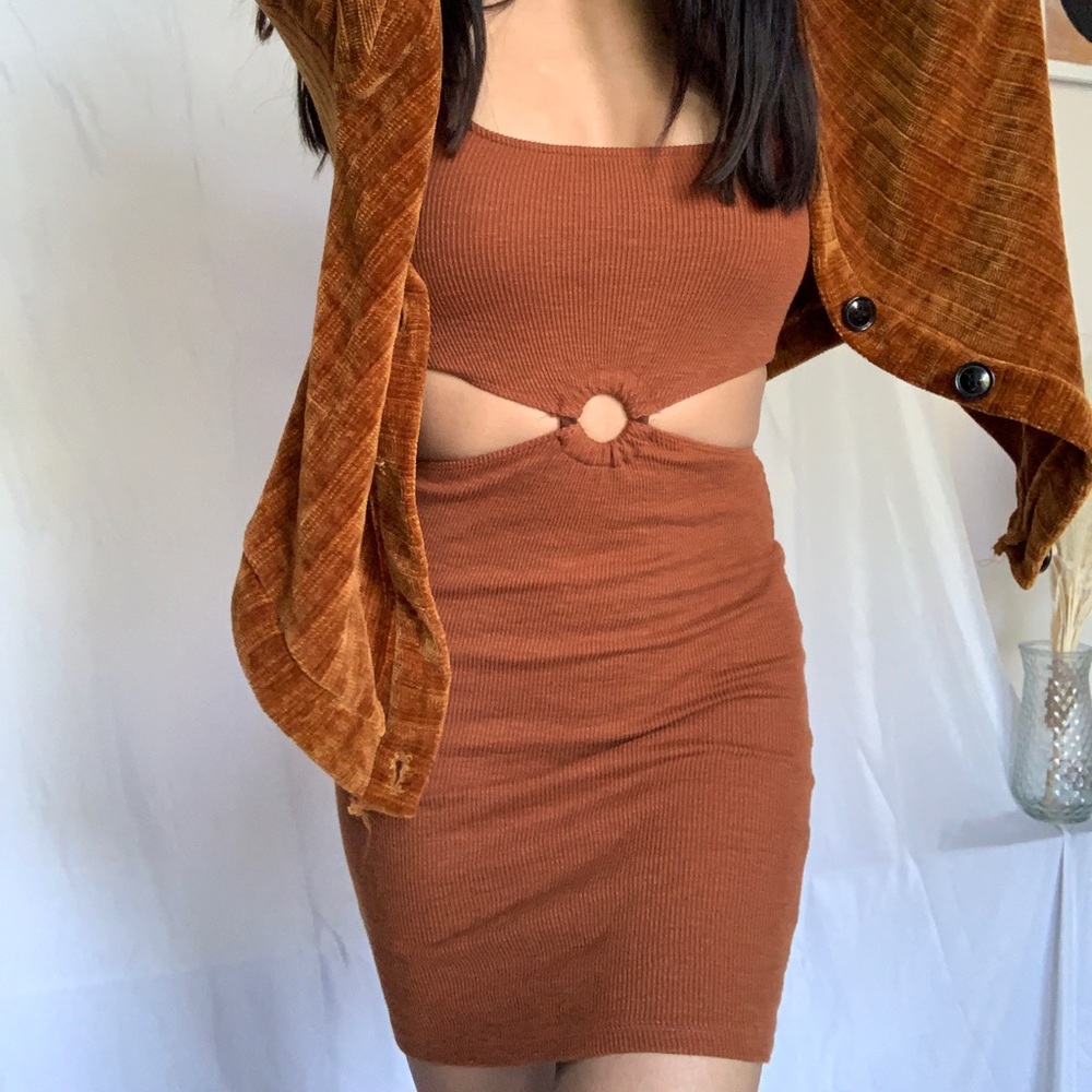 Bershka Rust Ribbed Cutout Mini Dress - Picture 4 of 8